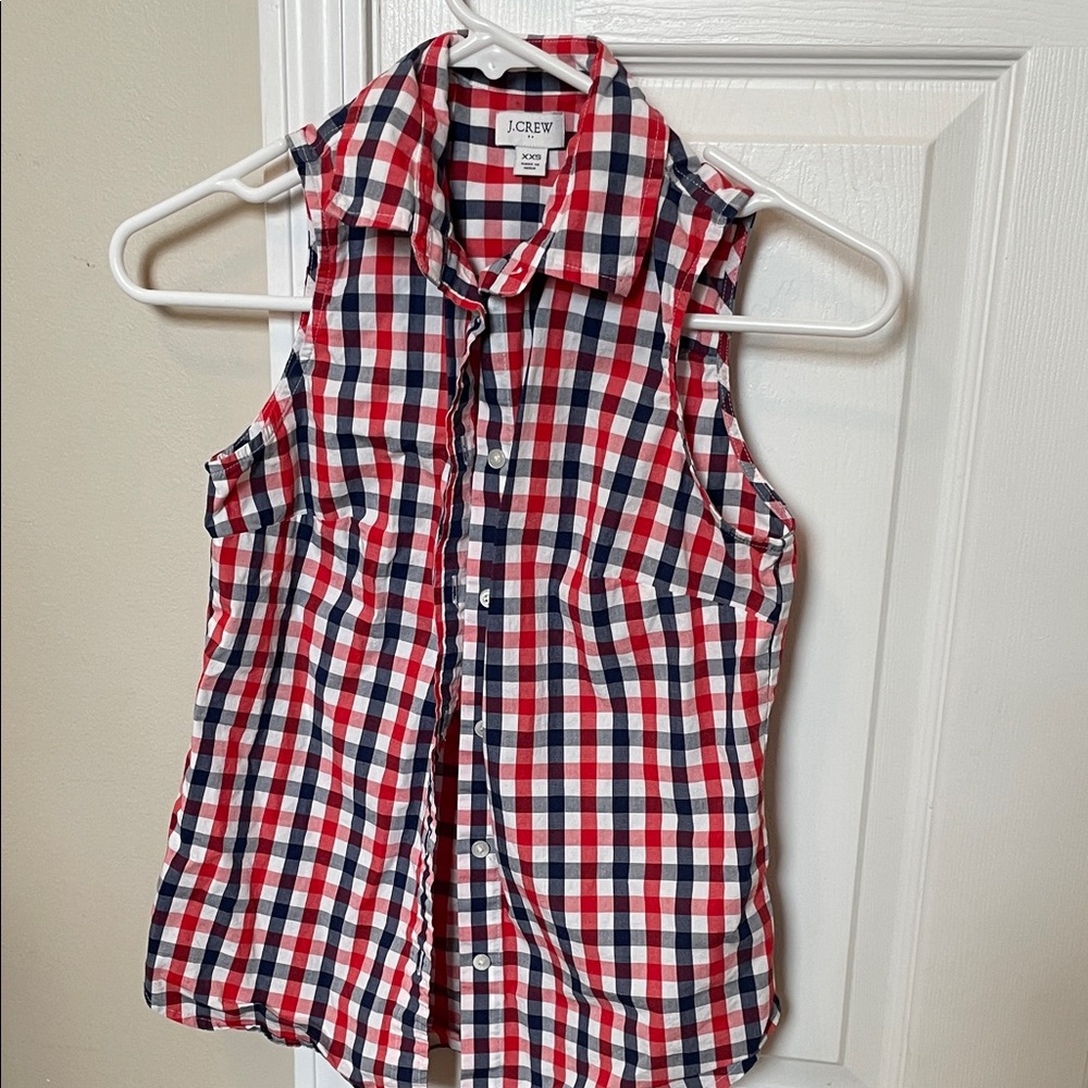 J. Crew Red Navy White Gingham Sleeveless Button-Down Shirt